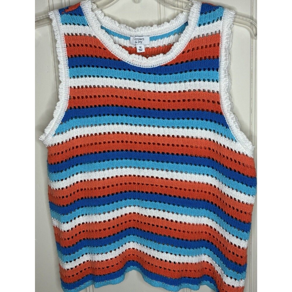 Crown & Ivy Striped Open Knit Crochet Tank Top sz M 100% Cotton Summer Boho Chic